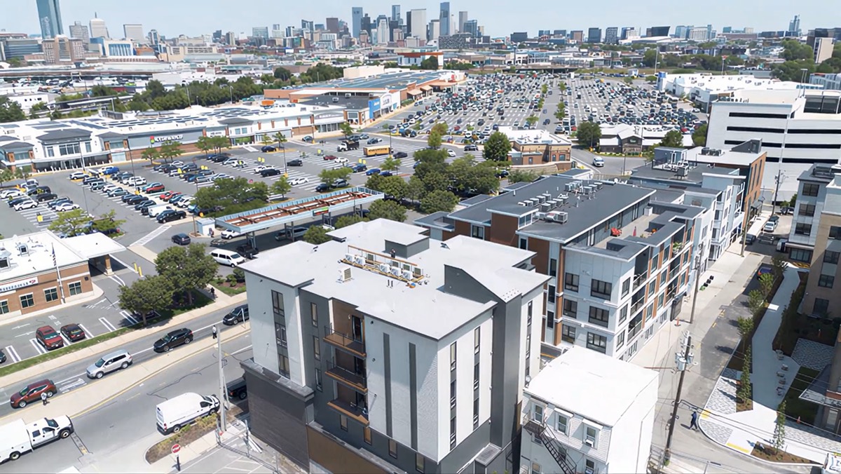 Aerial view of 100 Allstate with the Boston skyline beyond